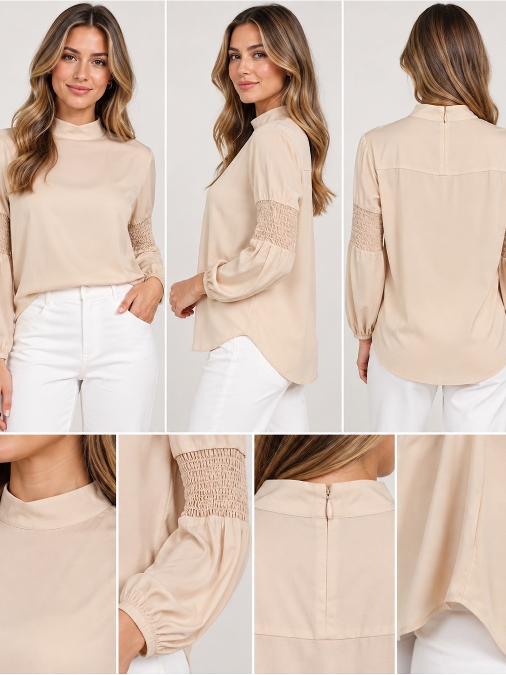 Tibi 100% Silk Blush Mock Neck Smocked Sleeve Blouse Size 2